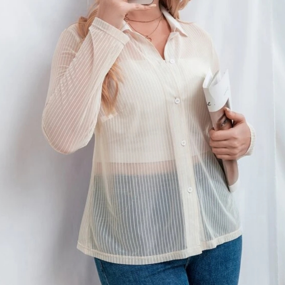 Plus See Through Striped Mesh Shirt. SZ 12 off white